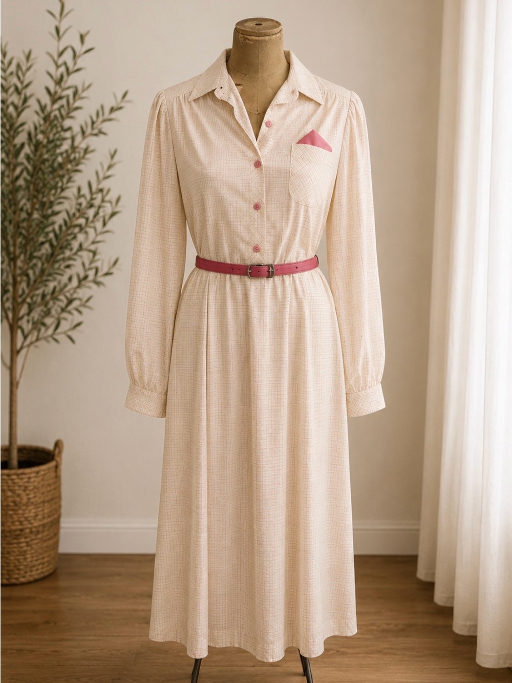 *Vintage 1980’s shirt dress- cream & pink checked with handkerchief pockets
